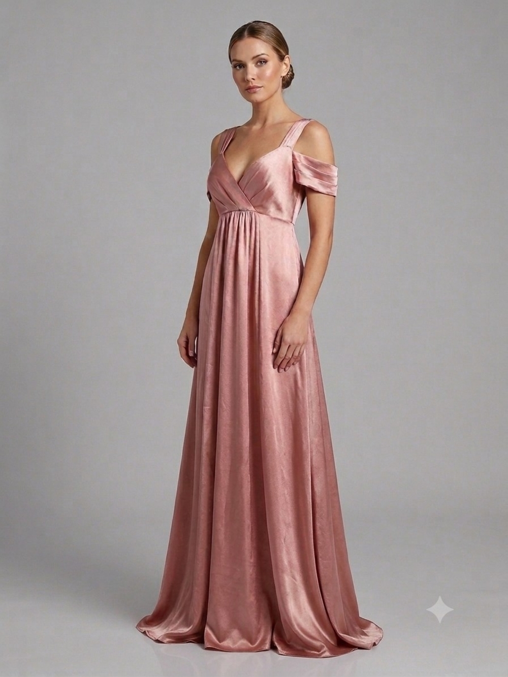 Azazie Blush Satin Cold-Shoulder Maxi Dress